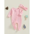 thumbnail image 2 of Suealasg Newborn Girls Footie Jumpsuits +Headband Long Sleeve Zipper Full Length Pajamas Rompers 3M 6M 12M Infant Baby Girls Coming Home Outfits, 2 of 7