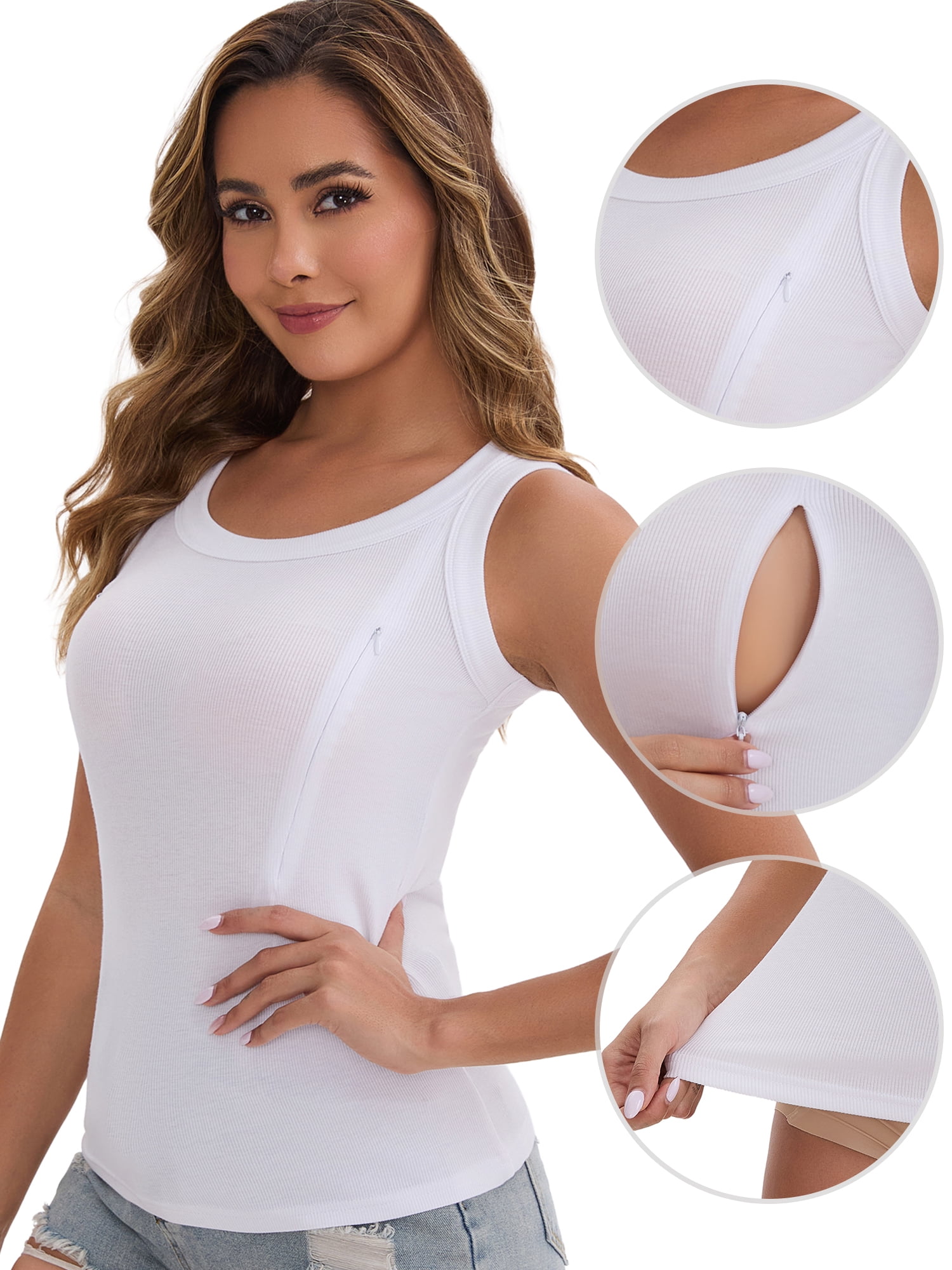 DARING DIVA Women's Breastfeeding Scoop Neck Undershirts Tank Tops S White