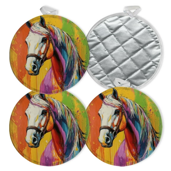 4 PCS Pot Holders for Kitchen,Potholders Sets with Hook for Oven,Cooking,Baking,Color - Splashed Horse Portrait