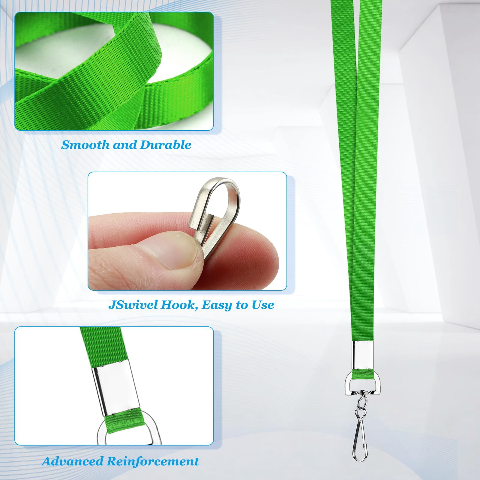 50 Pack Green Nylon Flat Lanyard With Swivel Hook And Badge Clip For Id Holder