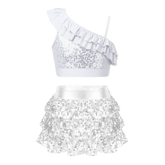 CHICTRY Kids Girls Jazz Modern Dance Outfit Asymmetrical Shoulder Sequins Crop Top with Tiered Ruffle Culottes Silver 8
