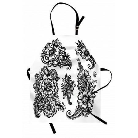 

Henna Apron Hand Drawn Style Vintage Mehndi Compositions Blossoming Flowers Retro Fun Design Unisex Kitchen Bib Apron with Adjustable Neck for Cooking Baking Gardening Black White by Ambesonne
