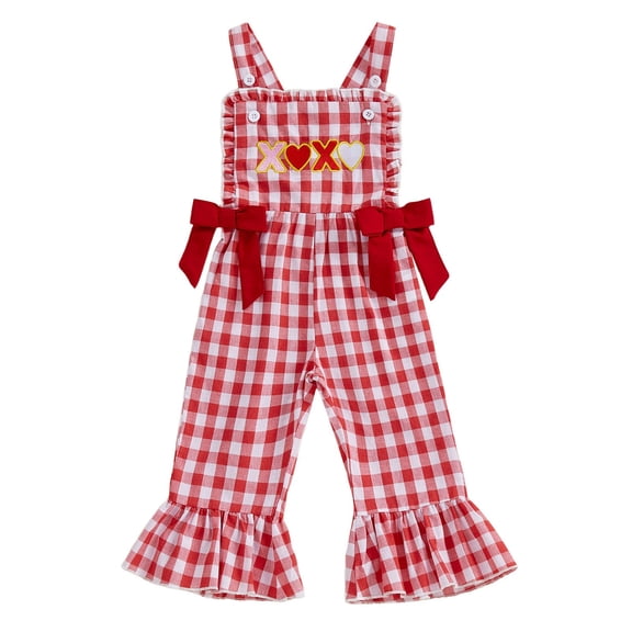 Valentine's Day Girls Romper With Heart Embroidery Flared Denim Overalls Party Play Casual Outfit