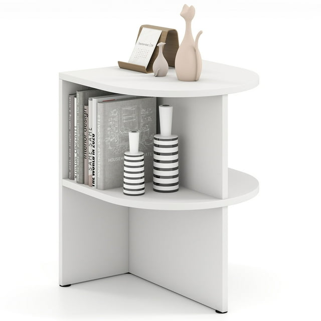 Gymax Table d'Appoint Demi-Ronde à 2 Niveaux Table de Nuit en Bois avec Étagères de Rangement Ouvertes Blanc