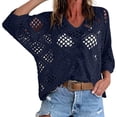 thumbnail image 3 of Fewfanhot Women Crochet Hollow‑Out V‑Neck 3/4 Sleeve Top, Loose Knit Casual Pullover Blouse for Ladies, 3 of 7