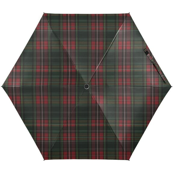 JSTEL Green and Red Tartan Plaid Folding Umbrella for Rain Sun Travel Mini Lightweight Compact Umbrellas
