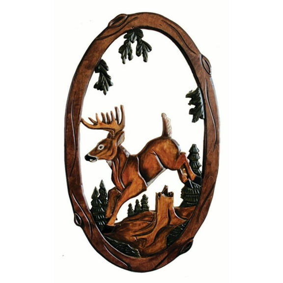 Zeckos Jumping Deer Hand Crafted Intarsia Wood Art Wall Mirror 26 X 41 X 2 inches
