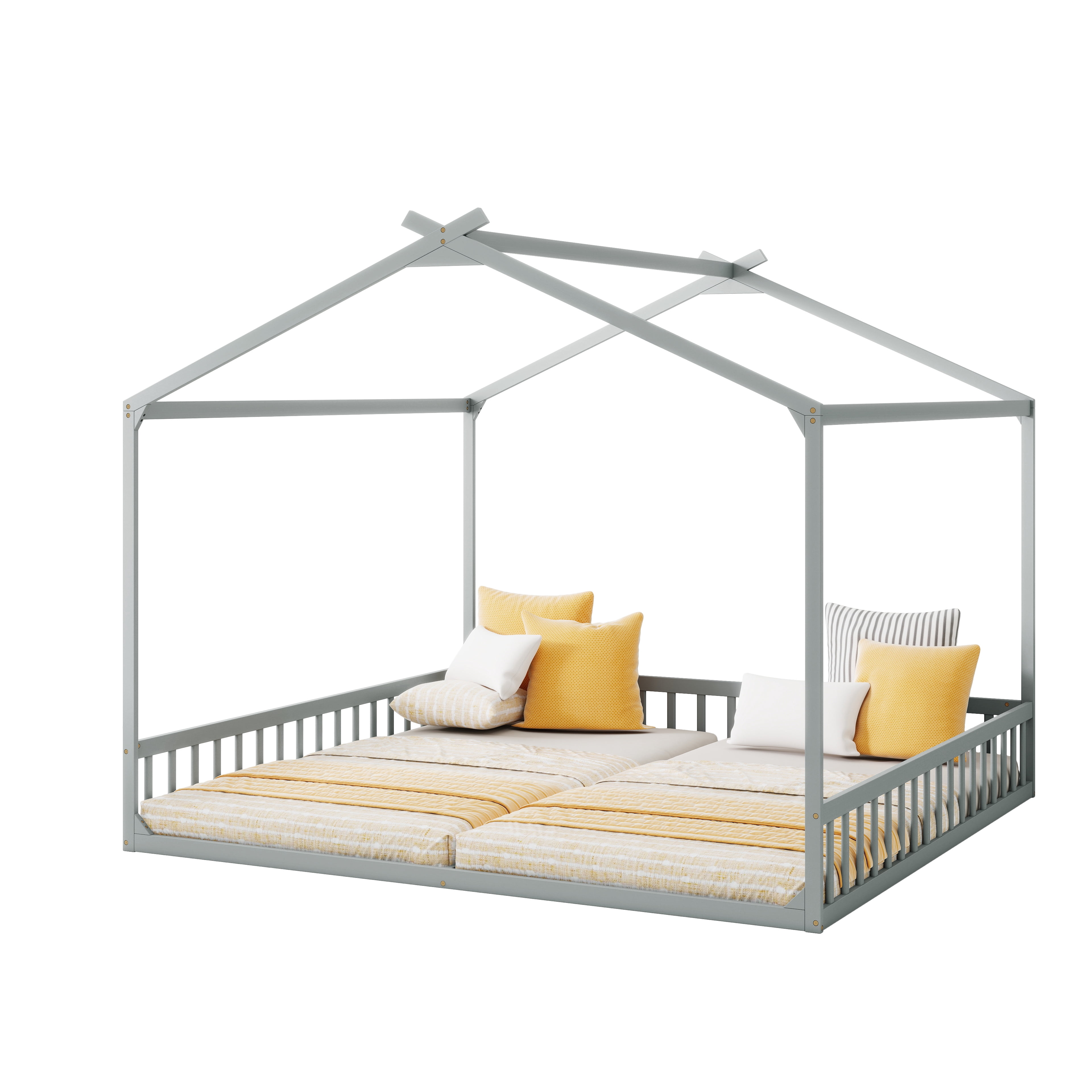 GARITIN Double Twin House Shaped Floor Bed 77.4 Inch, Kids Floor Bed with Safety Guardrails for Children Shared Bedroom, Grey