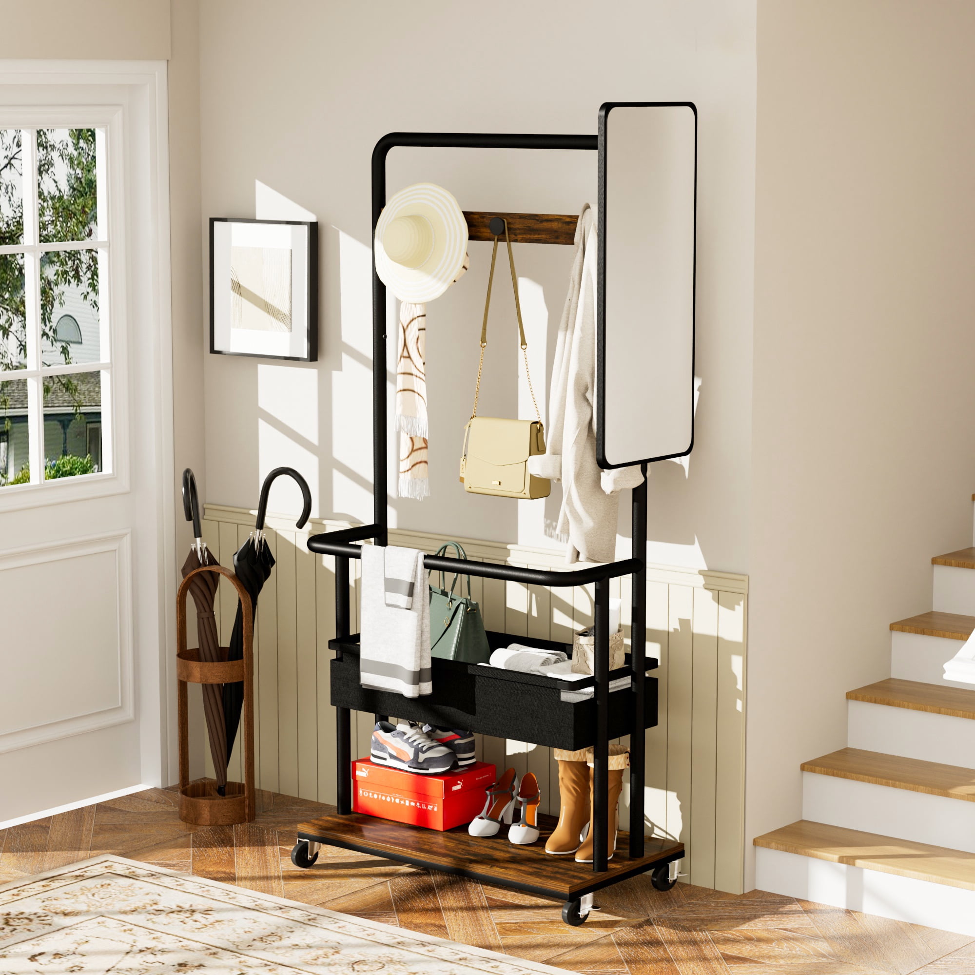 Leumius 3-in-1 Metal Coat Rack with Basket, Mirror, Hanging Coat Rack, Mobile Coat Rack with Casters for Bedrooms, Entrances and Living Rooms Large Storage Capacity Brown