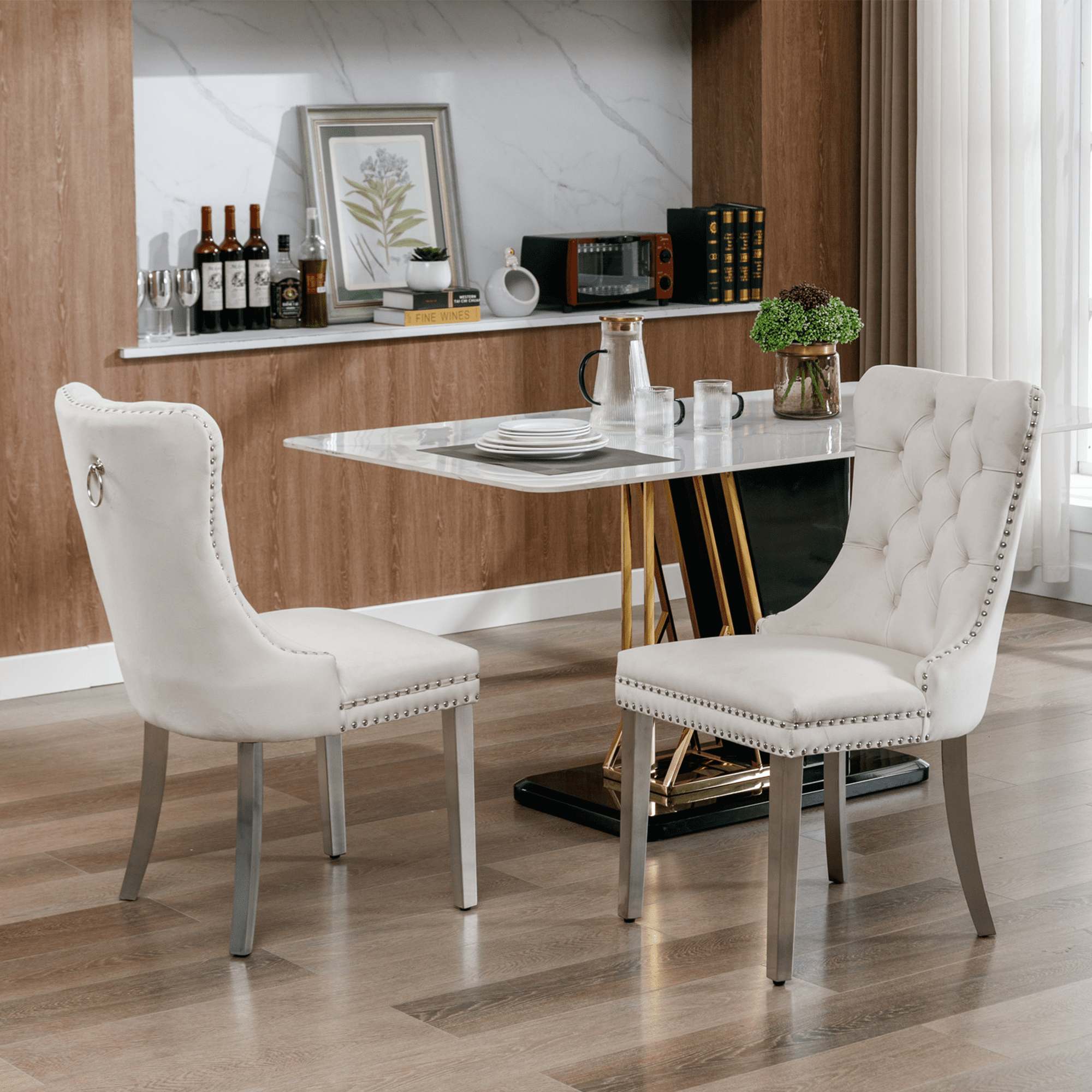 LegaHome Dining Chairs Set of 2, Modern Upholstered Velvet Dining Room Chairs with Nailhead Trim and Chrome Stainless Steel Plating Solid Wood Legs, Tufted Button Padded Chairs Set for Kitchen, Beige