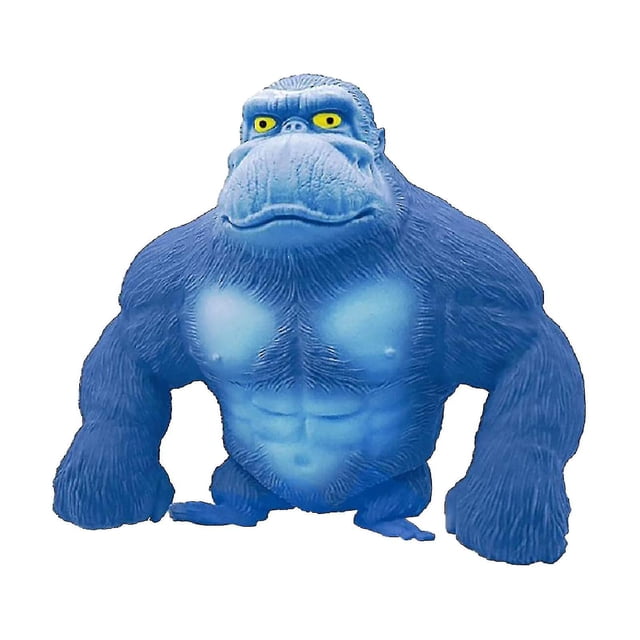 squishy monkey anime figurita latex monkey gorilla toy jungle animal figurita adultos squishy gorila stress toy muñeco de látex gorila azul, vista frontal centrada con torso musculoso y textura de pelaje visible, ojos amarillos pintados, semihueco relleno de algodón según especificación, dimensiones aproximadas 15 x 17 x 8 cm, adecuado como figura coleccionable y juguete antiestrés.
