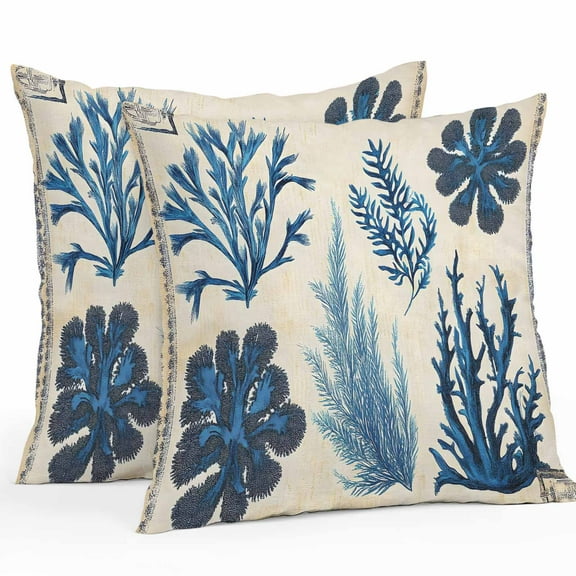 Waterproof Throw Pillow Covers Set of 2, 26x26 Inch Blue Vintage Coastal Decorative Pillowcases Outdoor Pillow Slip Cushion Covers Set for Couch Tent Retro Summer Botanical Coral
