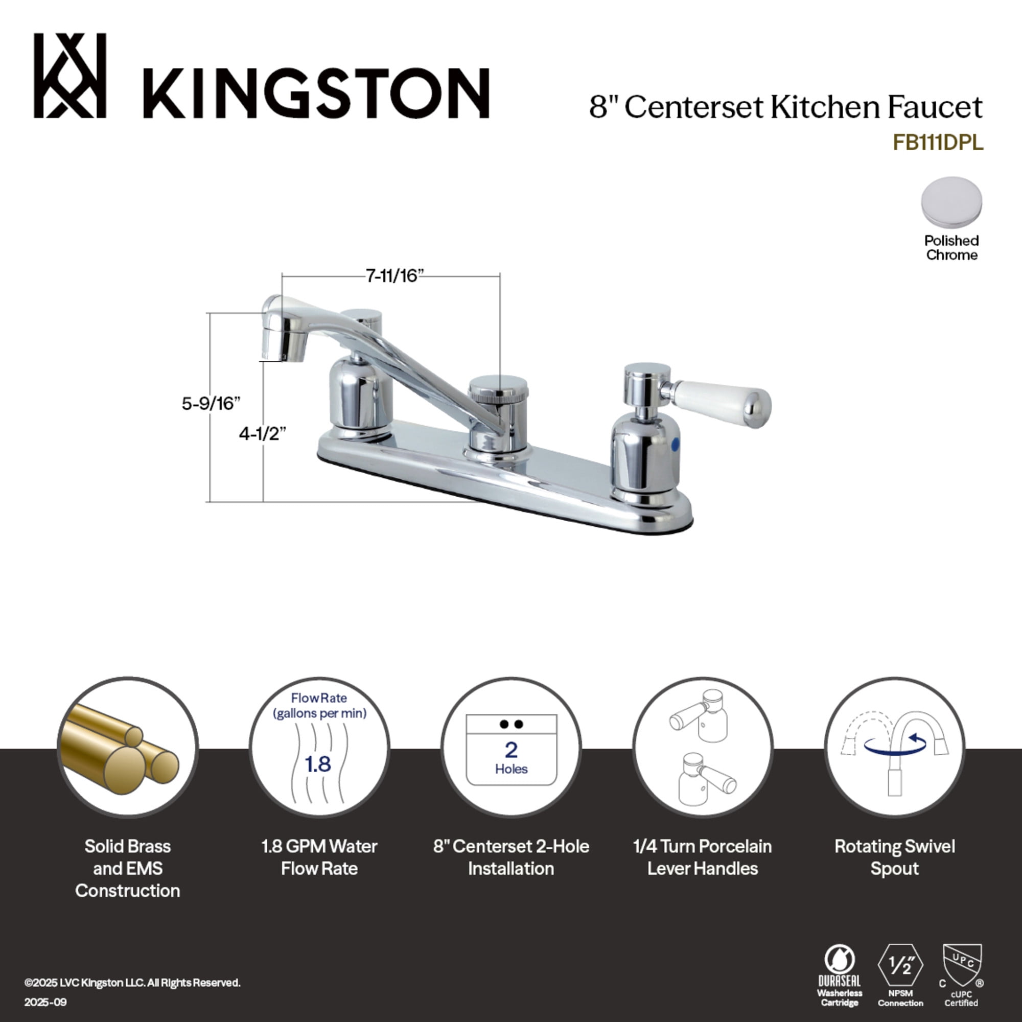 Kingston FB111DPL Paris Two-Handle 2-Hole 8" Centerset Kitchen Faucet in Polished Chrome