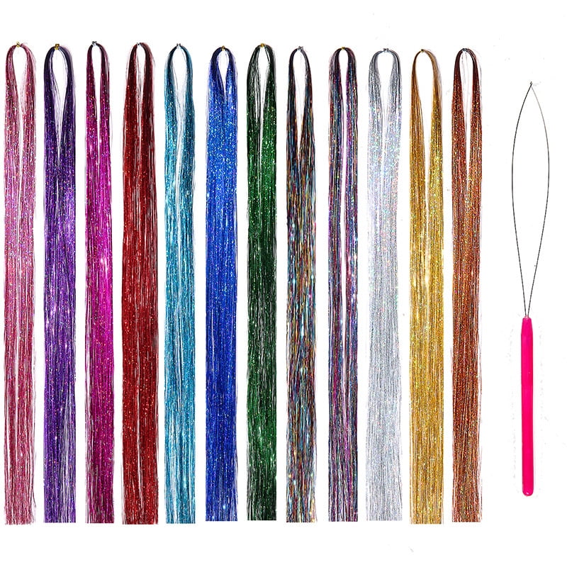 Hair Tinsel Strands With Tools 12 Colors Strands Fairy Hair Heat Resistant Glitter  Hair Tinsel Strands Kit 47 Inch Sparkling Shiny Hair Extensions -  