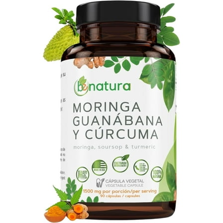 Moringa, Guanabana & Curcuma (Moringa, Soursop, & Turmeric) 90 Capsules 1500 mg per Serving Powerful Blend of 100% Natural Premium Ingredients, Vegetable, cultivada organicamente |organically Grown