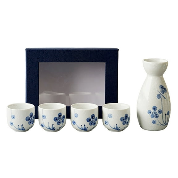 HEMOTON Japanese Style Plum Blossom Sake Set Ceramic Sake Cups and Pot for Home Use Assorted Color 5 Pieces