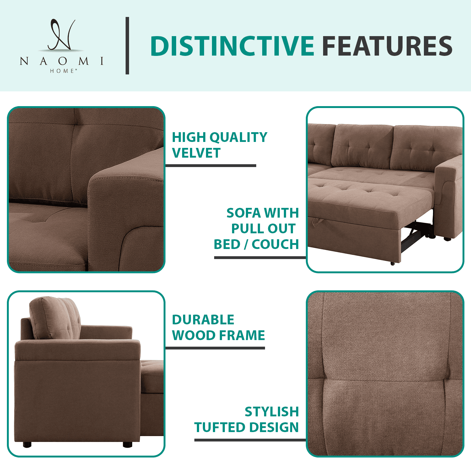 Naomi Home Sectional Sofa Sleeper with Storage Chaise, Tufted Pull-Out Couch with Storage, Sectional Sofa Bed, L-Shaped Reversible Sleeper Sofa with Storage, Mocha, Velvet