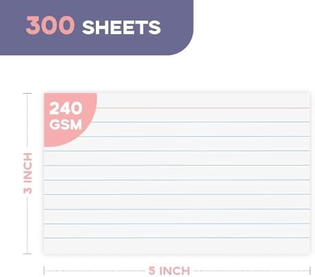 Heavy Weight White Index Cards 3x5 300 Pack - Quivanta 240GSM/90LB Lined Note Cards 3 x 5 Ruled Flashcards for Studying, Note Taking and To Do List