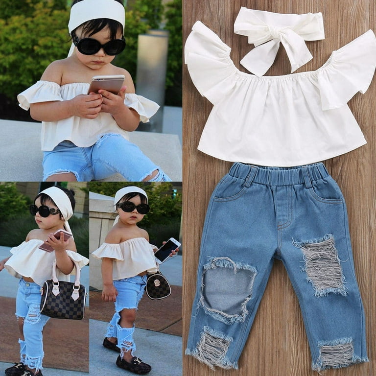 Maemukilabe Toddler Baby Girl 3 Piece Denim Outfits Off Shoulder Short Sleeve Shirt Crop Tops Jeans Long Pants Bowknot Headband Summer Fall Set Walmart