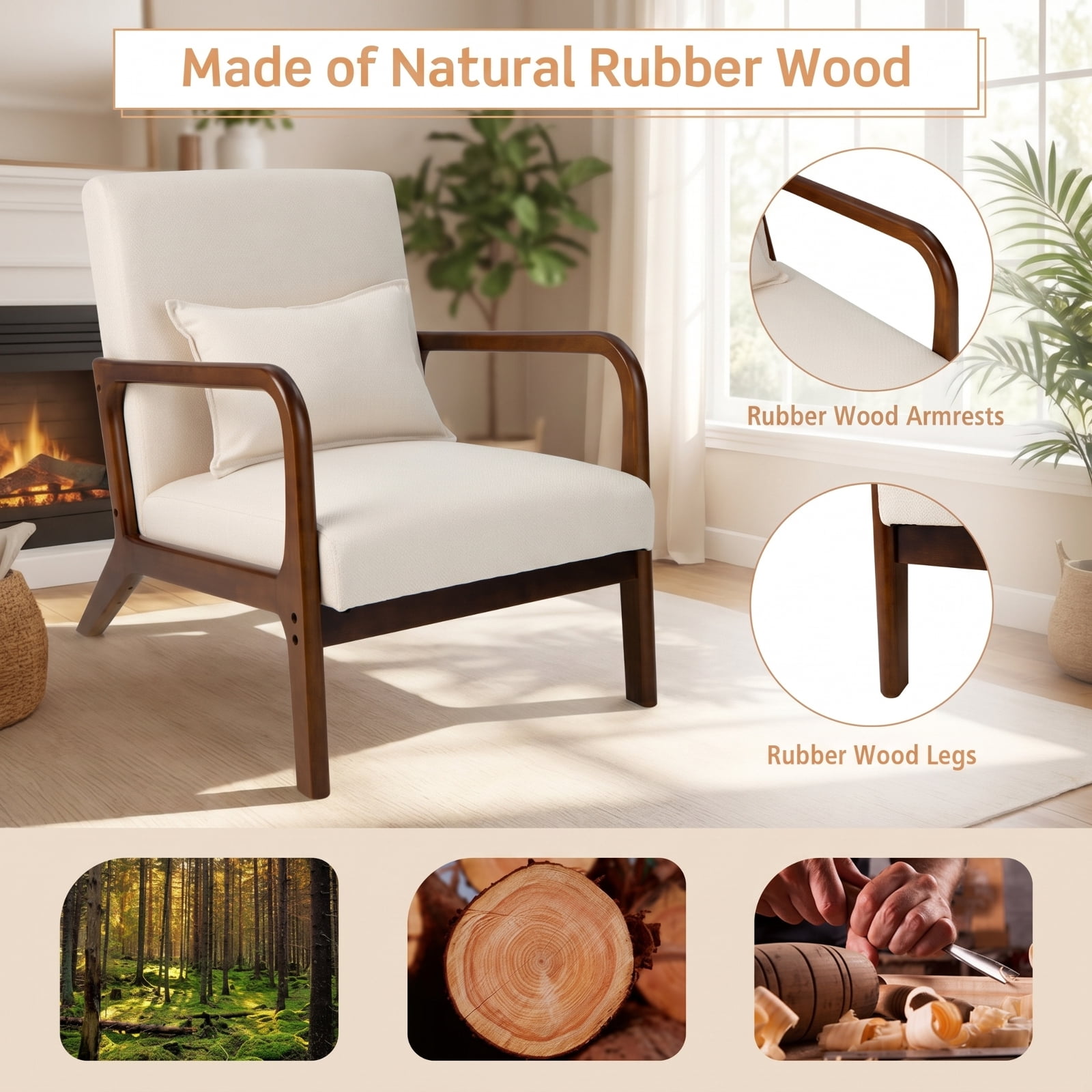 Furnibear Modern Accent Chair with Rubber Wood Frame and Lumbar Pillow, 330 lbs Capacity, Beige - for Living Room, Bedroom and Home Office
