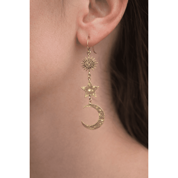 Handmade Hammer Work Brass Star & Moon Design Earring for Woman JSCE10