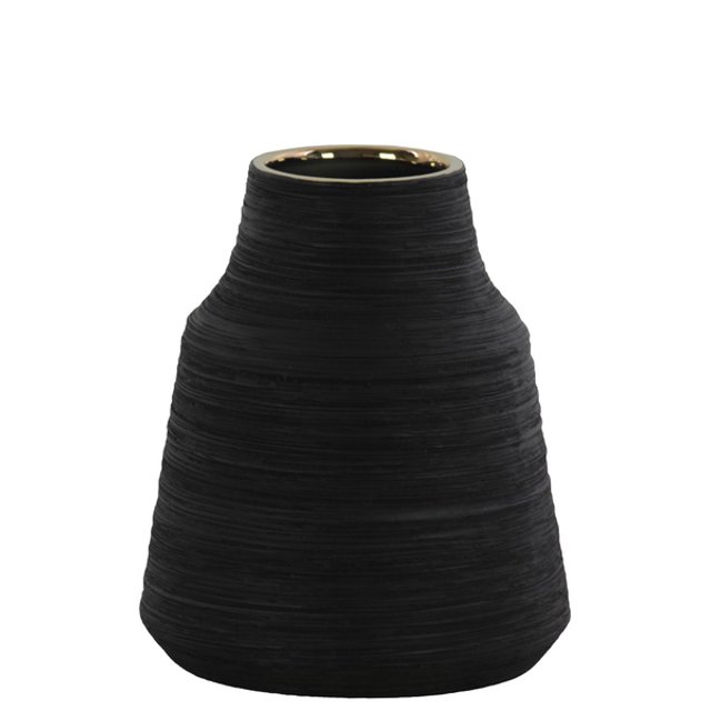 Round Ceramic Vase With Combed Design, Small, Black