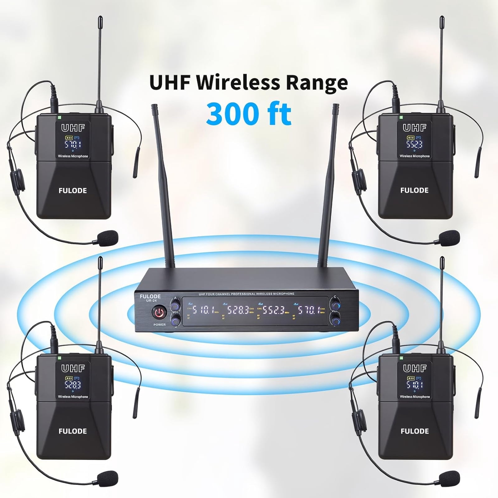 FULODE 4 Channel UHF Wireless Microphone System with Lavalier Headset Mics, 4x50 Adjustable Frequencies, Ideal for Karaoke Meeting Church, 300ft Range (4 Bodypack)