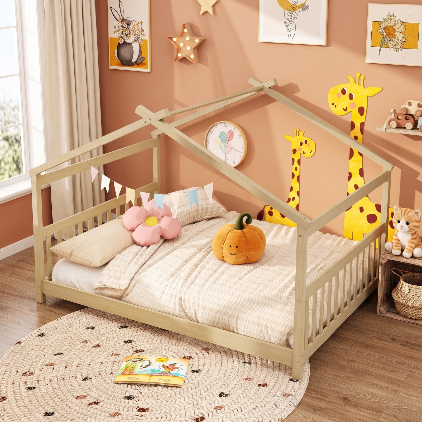 Furnibear Full Size House Bed Montessori Floor Bed with Peaked Roof and Guardrails, Wood Slat Platform Floor Bed for Kids Room, Natural