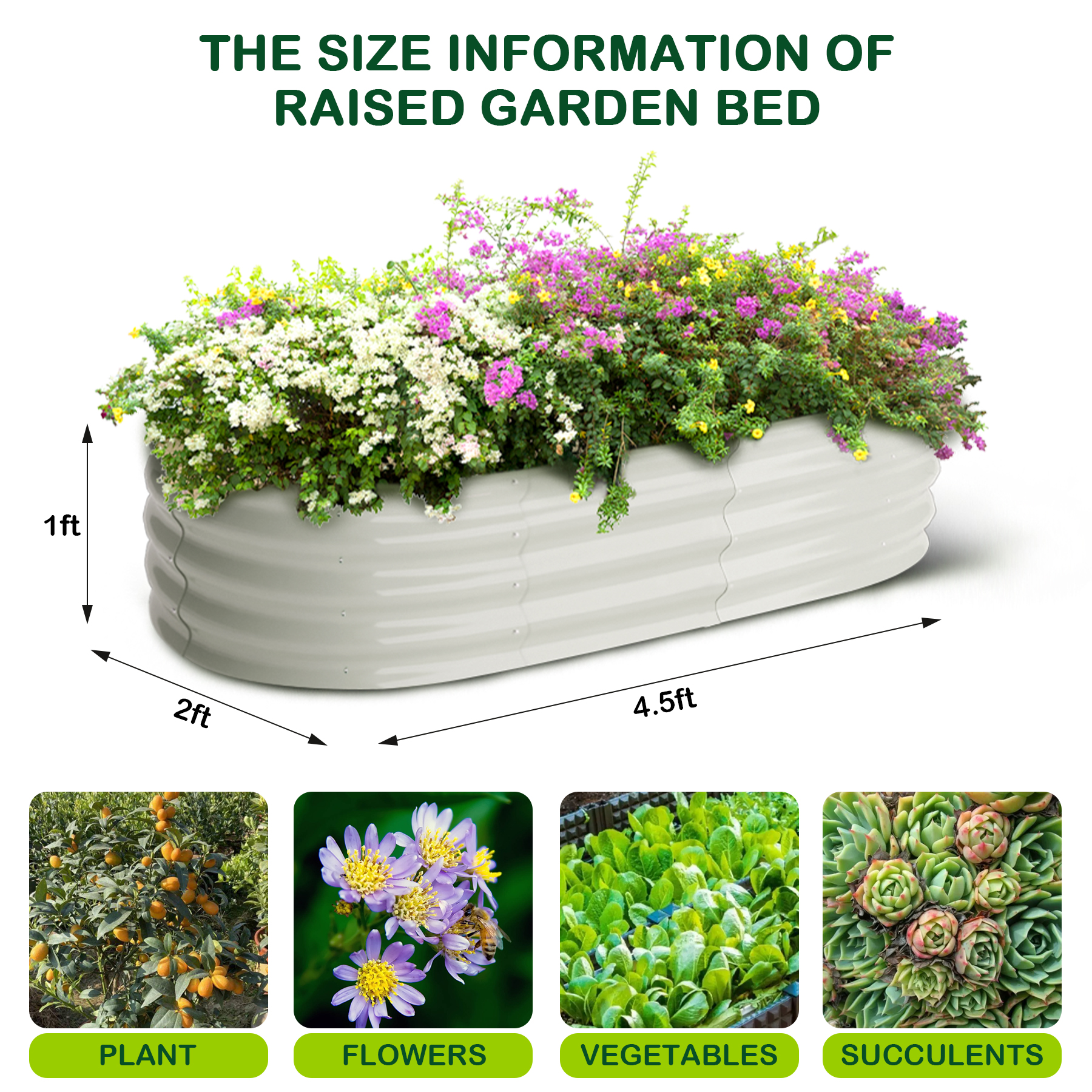 Acekid 4.5x2x1 FT Oval Raised Garden Bed, 2 Pcs Galvanized Planter Beds, Outdoor Raised Beds for Garden, Open-Ended Base, Large Metal Planter