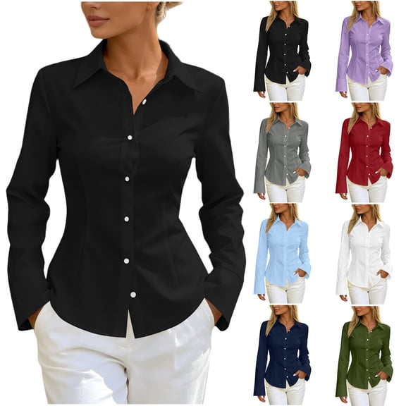 KyCheLot Womens Work Blouses Dress Shirt Button Down Fitted Long Sleeve Lapel Collar Business Office Tops