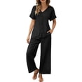 thumbnail image 3 of Zynoxe 2 Piece Sets for Women Going Out Trendy V Neck Button Down Top Elastic Waist Lace Pants Suit Soft Breathable Cotton Linen Womens Lounge Set Casual Loose Solid Color Summer Outfits XL, 3 of 10