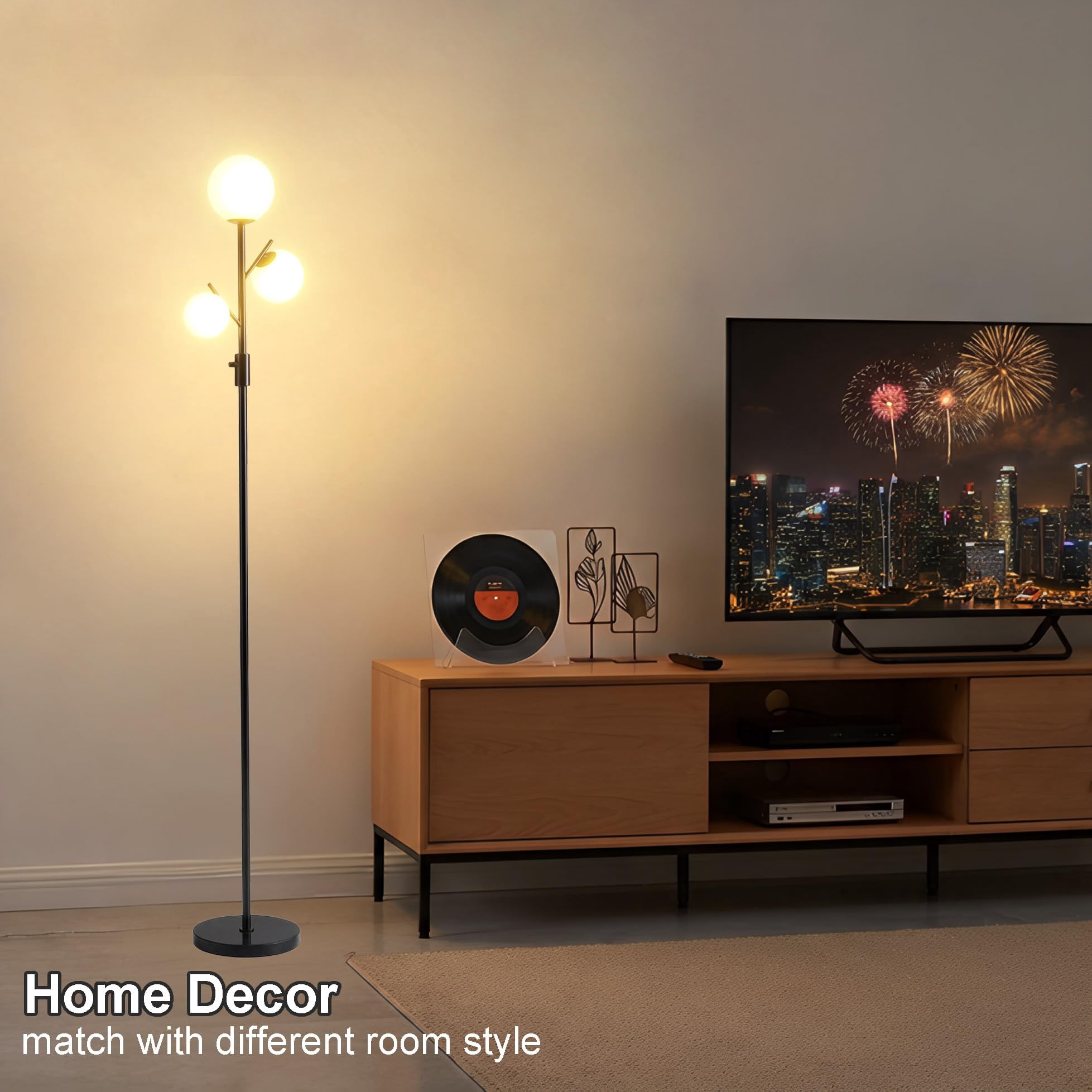 Mid Century Modern 3 Globe Tree Floor Lamp - Dimmable Led Standing With Bulbs  Warm Light For Living Room Bedroom Office Black