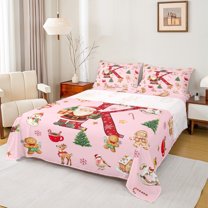 Manfei Red Initial K Letter Twin Sheet Sets, Kawaii Cartoon Santa Claus Twin Fitted Sheet, Christmas Reindeer Flat Sheet, Microfiber Bedroom Decor, 3pcs