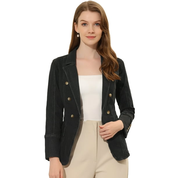 Chaquede mezclilde oficide trabajo de manlarcon solade jeans pamujer con bolsillos Negro M
