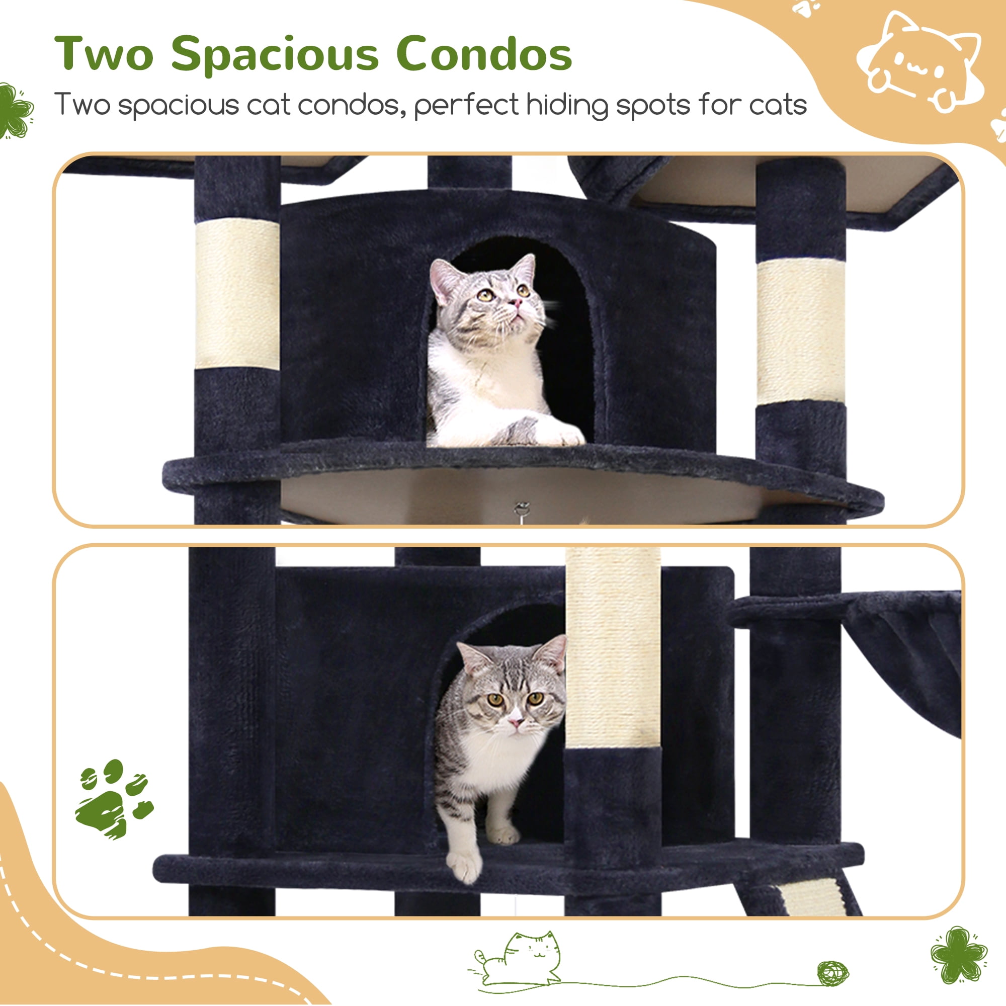 Globlazer 80'' Multi-Level Large Cat Tree Tower for Large Cats with 2 Condos, 2 Hammocks, 3 Perches & Sisal Scratching Posts, Dark Grey