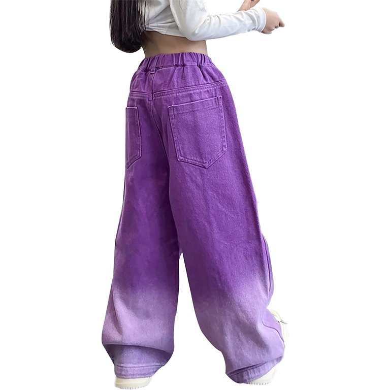 HBER Kids Girls Baggy Jeans Elastic Waist Denim Pants Wide Leg Bottom  Casual Loose Fit Ripped Trousers Age 4-14 Years, X#purple, 4-5T :  : Everything Else