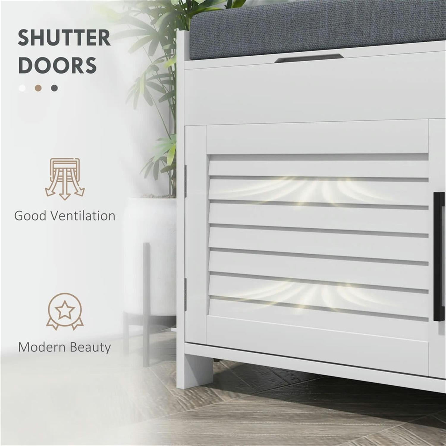 Demi Bonn 35" Modern Entryway Bench with Cushion, Hidden Storage, Shutter Doors, Adjustable Shelves, White