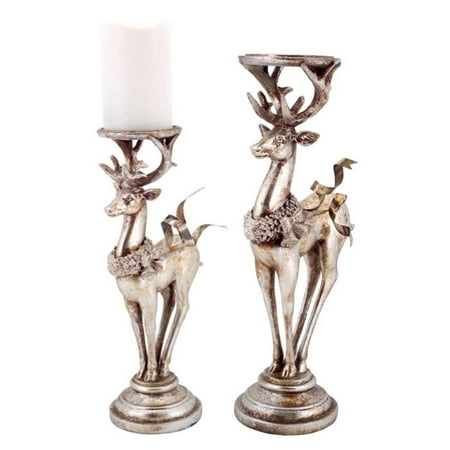 set of 2 distressed silver deer pillar candle holder set of 2 distressed silver deer pillar candle holder