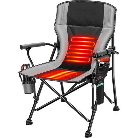 Heated Camping Chair, Fully Padded Heated Folding Chair with 3 Heat Levels, Cup Holder & Pockets for Camping, Outdoor Sports, Picnics, Battery Not Included