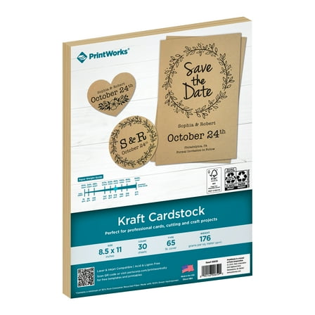 PrintWorks Kraft Cardstock 8.5" x 11" - 30 Sheets - Heavyweight Brown Card Stock Ideal for School & Craft Projects - 65 lb/176 gsm - Made in the USA - FSC® Certified (00659)