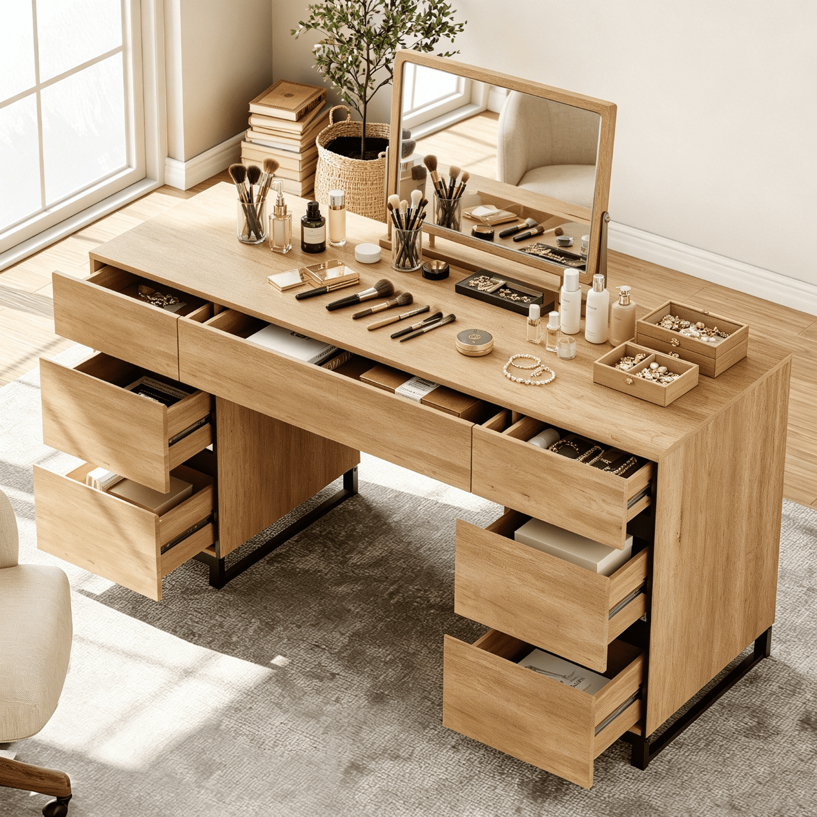 WAMPAT 59" Modern Vanity Desk, Wood Makeup Dressing Table with Charging Station,7 Deep Storage Cabinet Drawers for Bedroom Cosmetic Organization,Oak