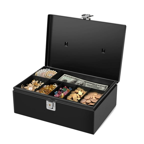 Cash Box with Money Tray and Lock - Metal Money Box for Cash Storage with Secure Latch Lock & Key - Black Petty Cash Box with 7 Compartment Money Tray for Small Businesses, 11x7.7x3.5 Inches
