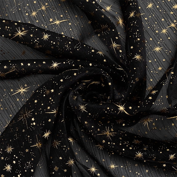 2.19Yard Organza Shiny Star Fabric 63Inch Wide Black Base with Gold Stamping Star Pattern Polyester Fabric Perfect