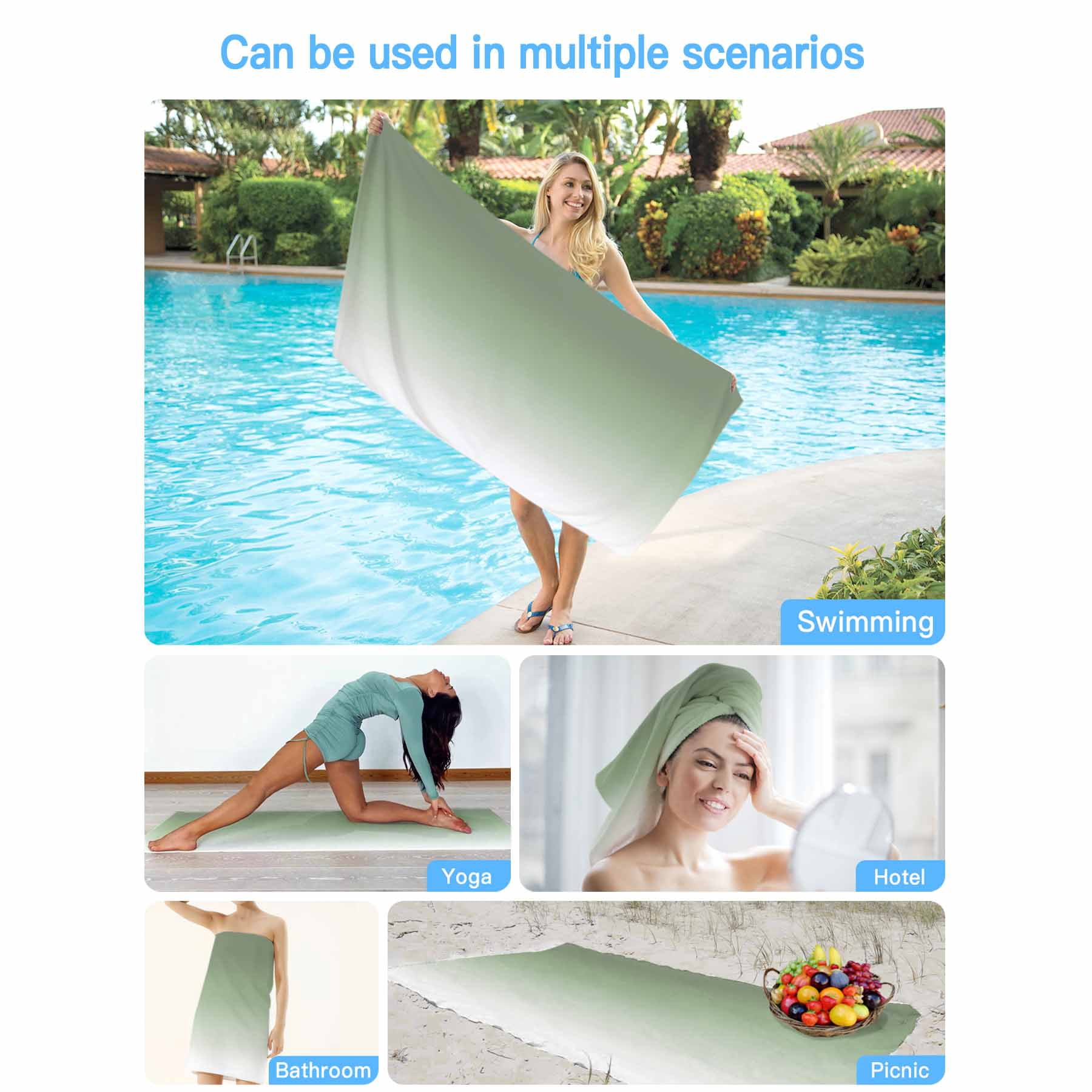 Sage Green Gradient Beach Towels Blanket Soft&Absorbent Quick Dry Microfiber Abstract Sage White Watercolor Pool Towels for Swimming ,Yoga, Sports, Gym, Camping,Large 35X70in,
