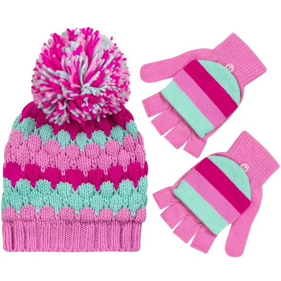 PEAK 2 PEAK Girls Hat and Fingerless Gloves Winter Set, Striped Heavy Knit With Multicolored Pompom - Age 4-12 Years