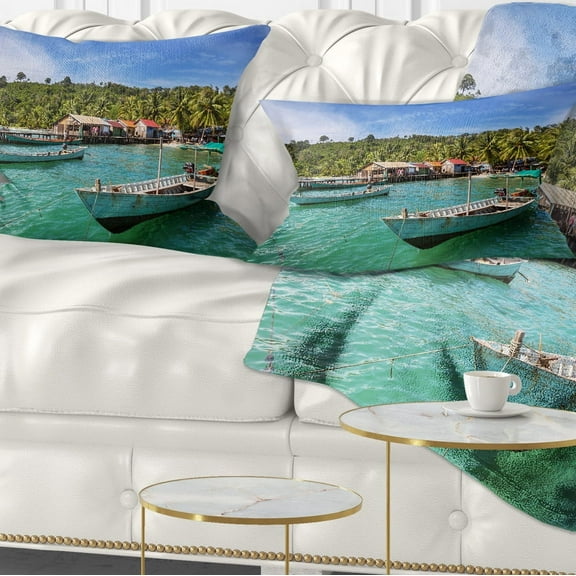 Designart Fishing Boats in Kep Cambodia - Seashore Throw Pillow - 12x20