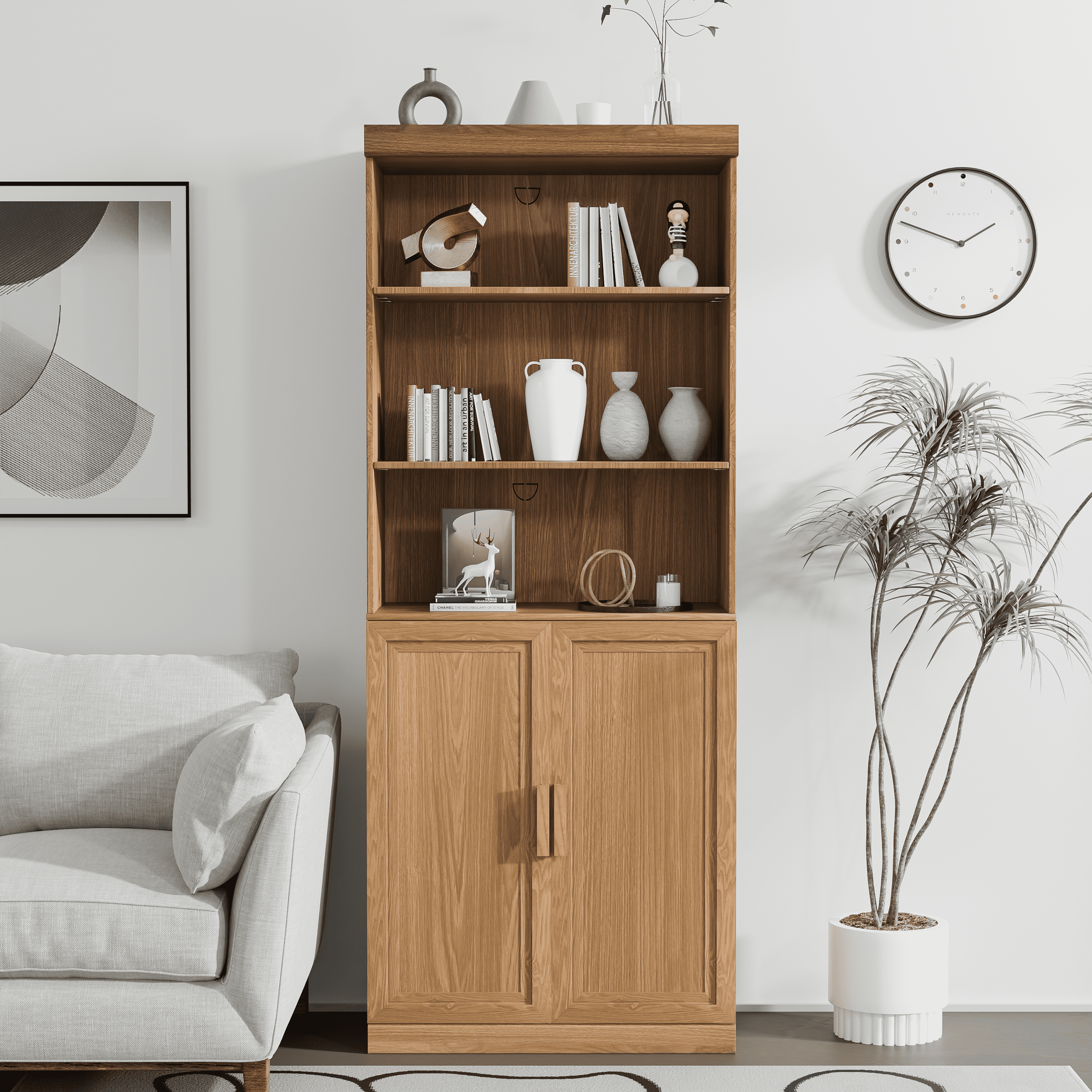 MAYEERTY 16*31*41"Natural Wood Grain Storage Cabinet with Adjustable Shelves for Living Room, Doorless Bookcase