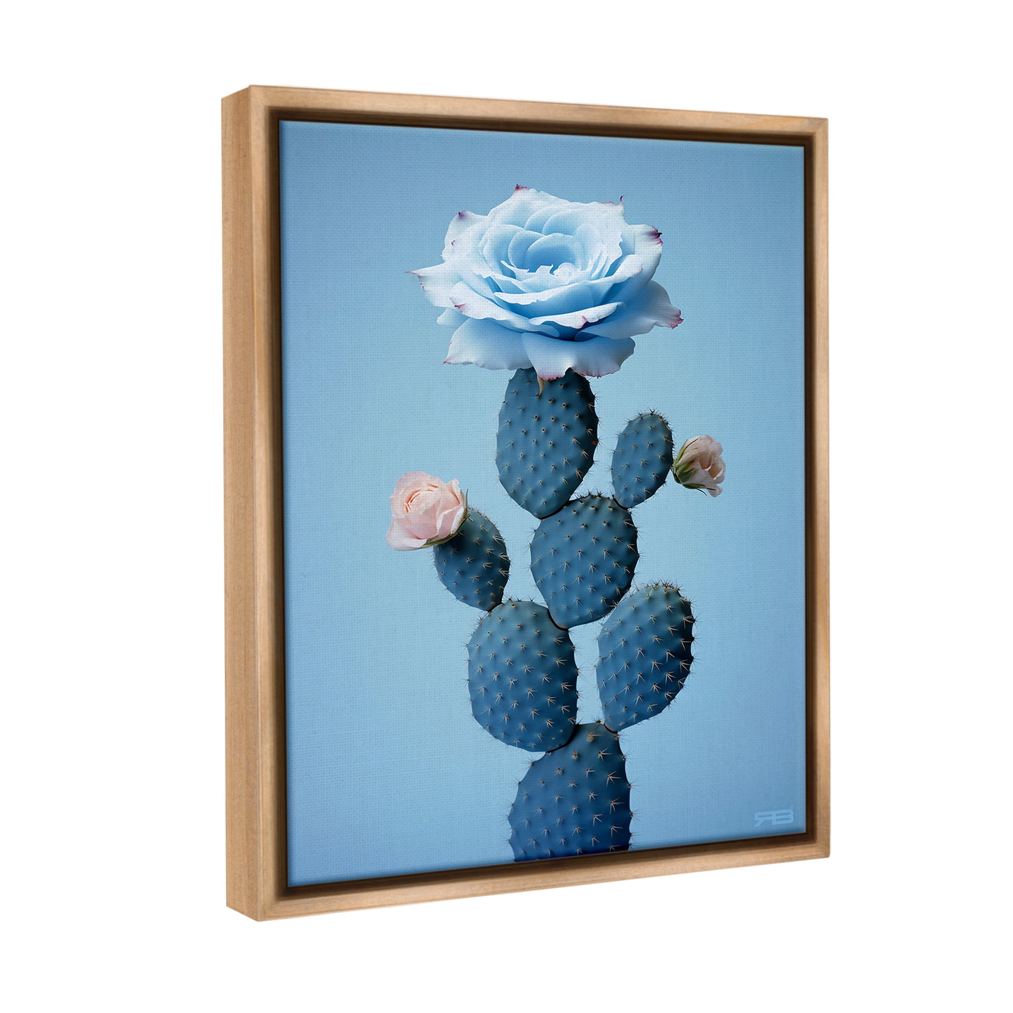 Stupell Industries Blue Rose & Cactus Botanical & Floral Painting Brown Floater Framed Canvas Art Print Wall Art, 17 x 21