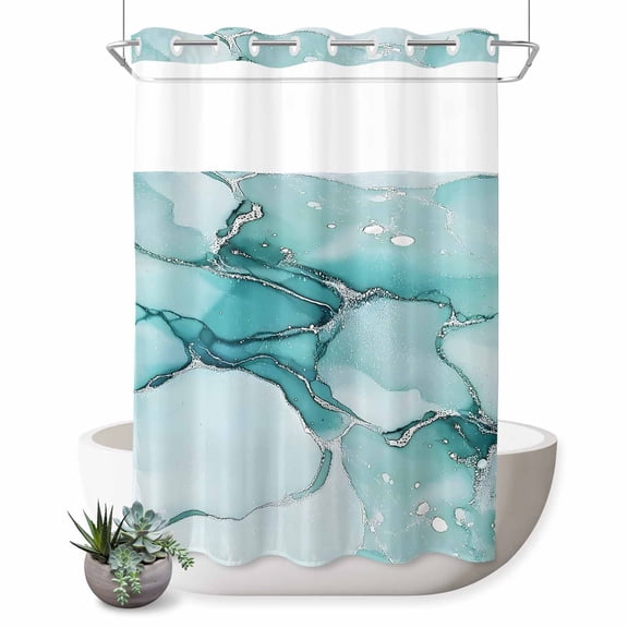 No Hook Shower Curtain with Built-in Rings - Turquoise Marble Texture Washable Waterproof Fabric Bathroom Curtains for Hotel,Rentals, 72X 96 Inch Extra Long , Green Abstract Art