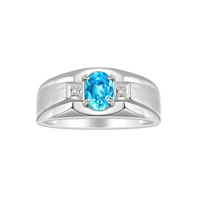 RYLOS Men's Rings Sterling Silver Classic 7X5MM Oval Gemstone & Diamond Ring Blue Topaz December Birthstone Rings For Men, Silver Rings, Size 13